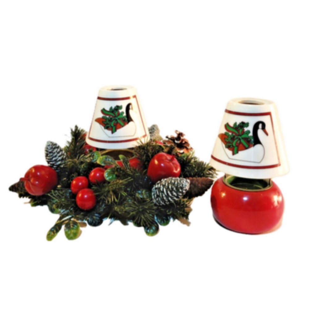 Vintage RARE Christmas Goose w/Holy&Bow Porcelain Shaded Votive Candle Set of 2